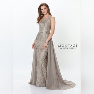 NWT Size 16 Montage By Mon Cheri Latte Lace Gown & Chiffon Detachable Overskirt
